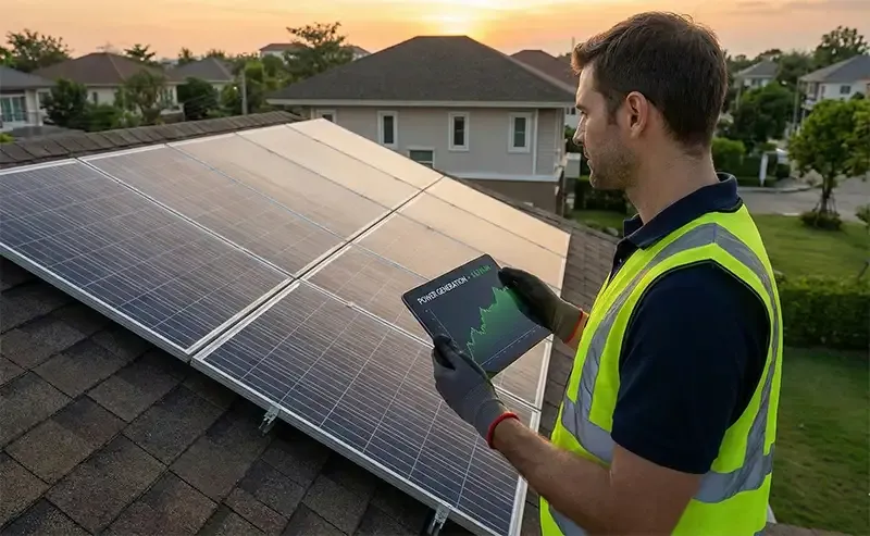 An installer monitoring the power output of a solar system